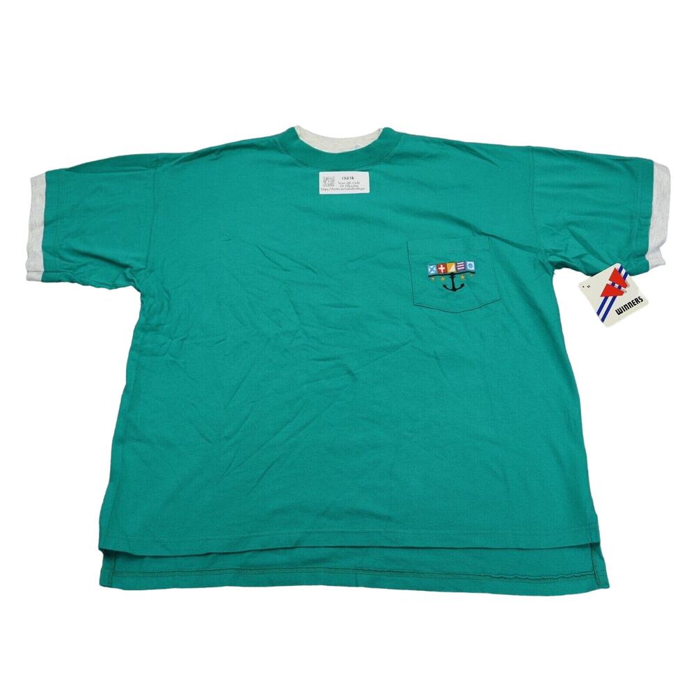 Winners Shirt Mens M Bluish Green Short Sleeve Crew Neck Side Slit Pullover Tee